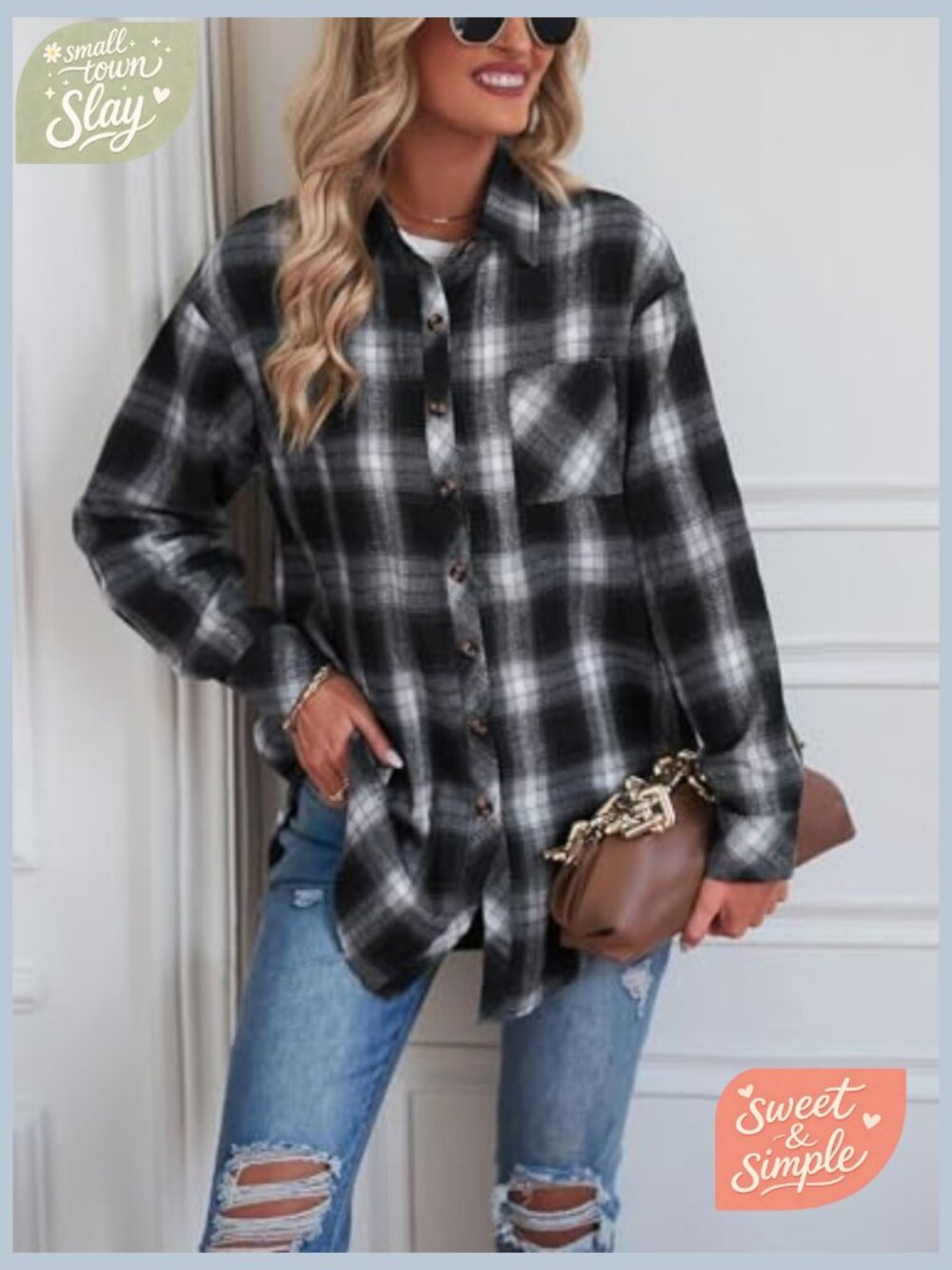 Oversized Button Down Flannel Shacket Long Sleeve Plaid Blouse - Picture 2 of 7
